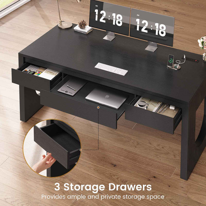 SEDETA 55 Inch Modern Office Desk with 3 Drawers Executive Desk with U-Shaped Legs Wood Computer Desk with Power Outlet Home Office Desks with Relief Texture