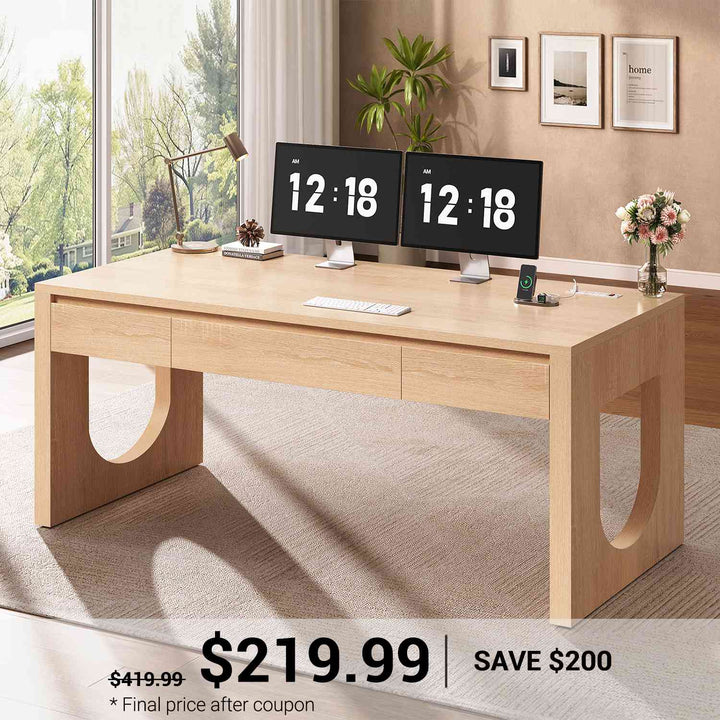 SEDETA 55 Inch Modern Office Desk with 3 Drawers Executive Desk with U-Shaped Legs Wood Computer Desk with Power Outlet Home Office Desks with Relief Texture