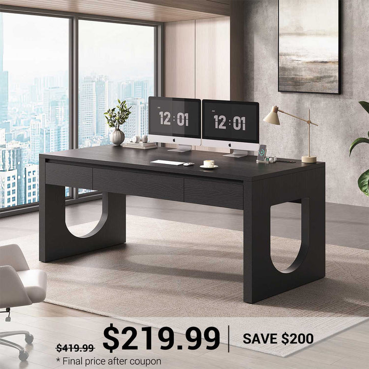 SEDETA 55 Inch Modern Office Desk with 3 Drawers Executive Desk with U-Shaped Legs Wood Computer Desk with Power Outlet Home Office Desks with Relief Texture