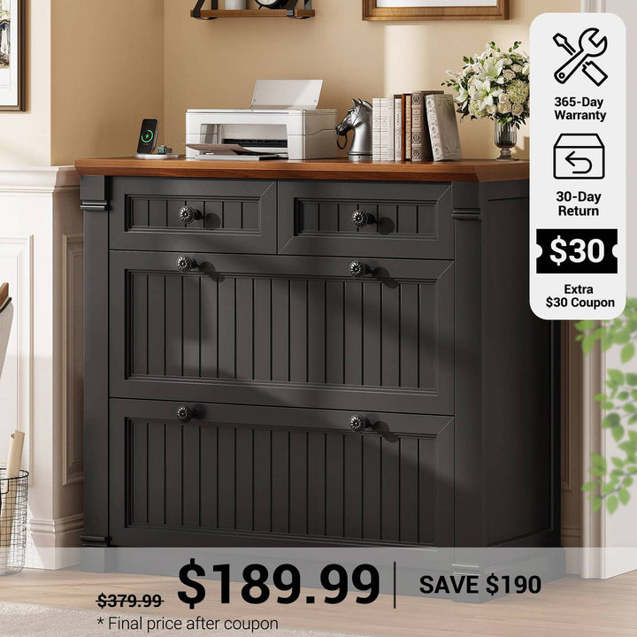 SEDETA® 33 Inch Farmhouse Filing Cabinets for Home Office fit Legal/Letter/A4 File Wood Office File Cabinet with Power Outlets Printer Stand 4 Drawers