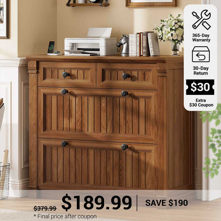 SEDETA® 33 Inch Farmhouse Filing Cabinets for Home Office fit Legal/Letter/A4 File Wood Office File Cabinet with Power Outlets Printer Stand 4 Drawers