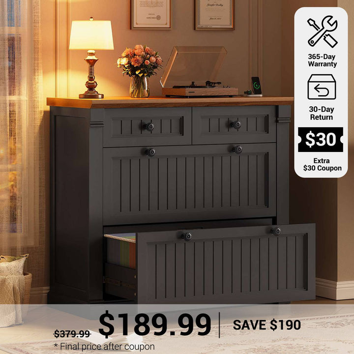 SEDETA® 33 Inch Farmhouse Filing Cabinets for Home Office fit Legal/Letter/A4 File Wood Office File Cabinet with Power Outlets Printer Stand 4 Drawers