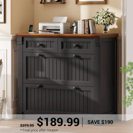 SEDETA | 33 Inch Wood Office File Cabinet with Power Outlets Printer Stand 4 Drawers Farmhouse Filing Cabinets for Home Office fit Legal/Letter/A4 File