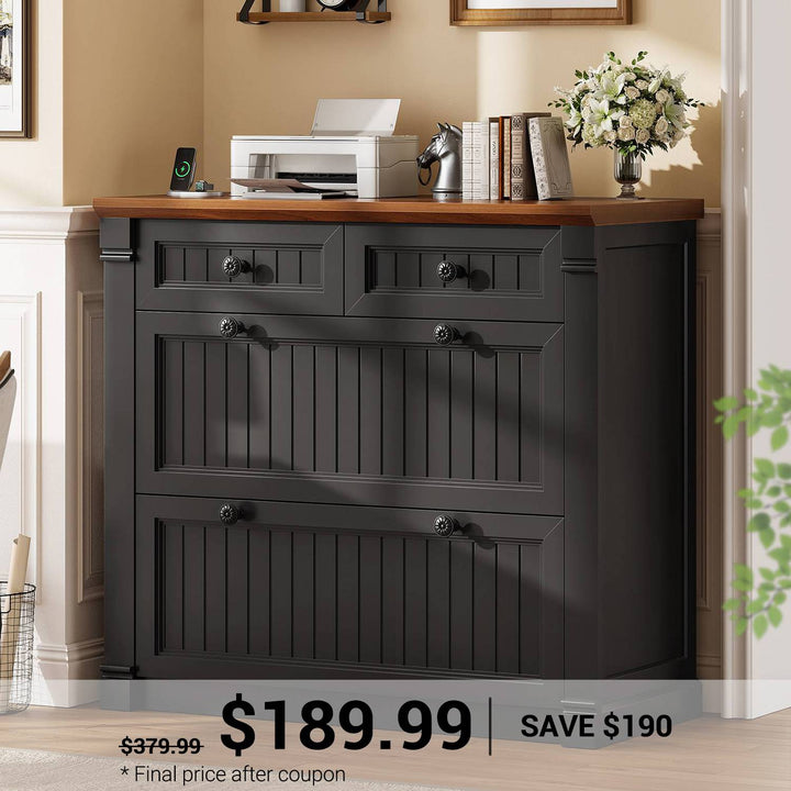 SEDETA | 33 Inch Wood Office File Cabinet with Power Outlets Printer Stand 4 Drawers Farmhouse Filing Cabinets for Home Office fit Legal/Letter/A4 File