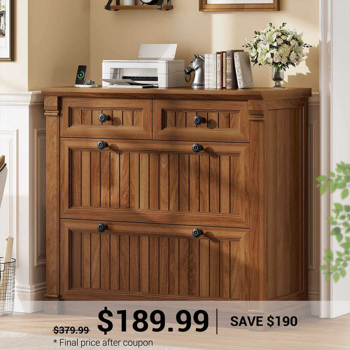 SEDETA | 33 Inch Wood Office File Cabinet with Power Outlets Printer Stand 4 Drawers Farmhouse Filing Cabinets for Home Office fit Legal/Letter/A4 File
