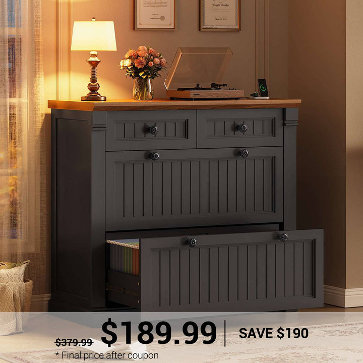 SEDETA | 33 Inch Wood Office File Cabinet with Power Outlets Printer Stand 4 Drawers Farmhouse Filing Cabinets for Home Office fit Legal/Letter/A4 File