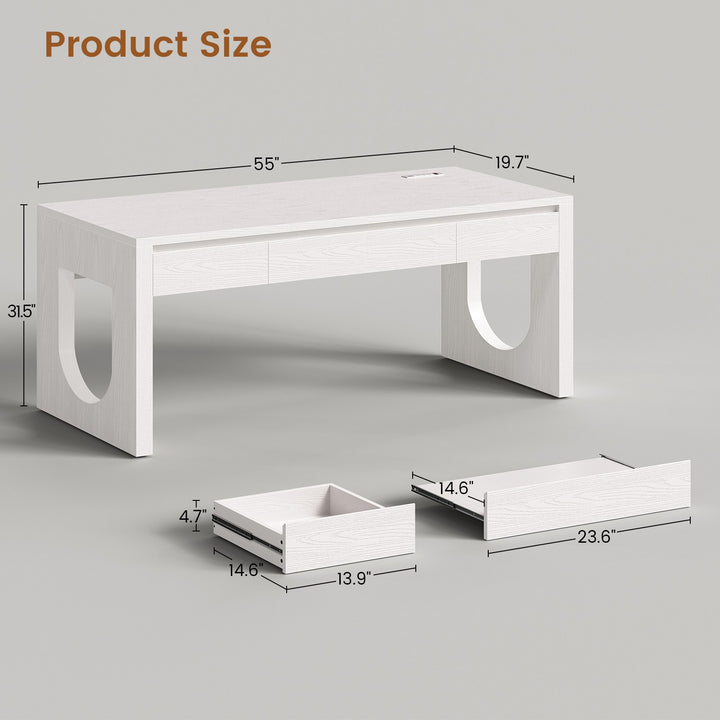 SEDETA 55 Inch Modern Office Desk with 3 Drawers Executive Desk with U-Shaped Legs Wood Computer Desk with Power Outlet Home Office Desks with Relief Texture