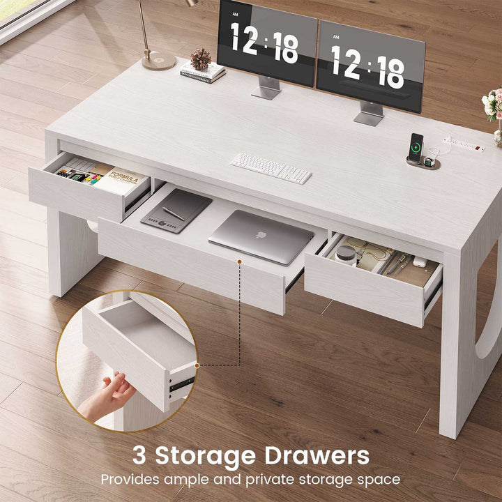 SEDETA 55 Inch Modern Office Desk with 3 Drawers Executive Desk with U-Shaped Legs Wood Computer Desk with Power Outlet Home Office Desks with Relief Texture