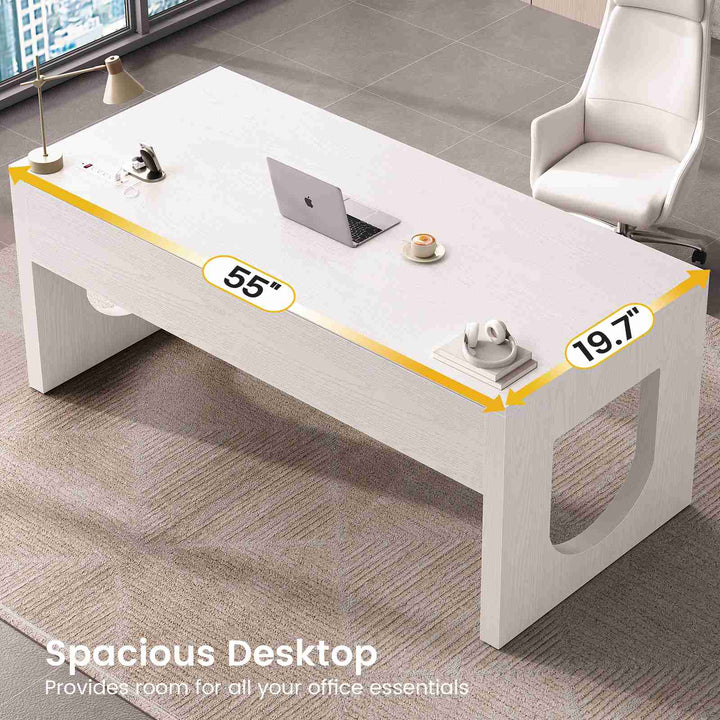 SEDETA 55 Inch Modern Office Desk with 3 Drawers Executive Desk with U-Shaped Legs Wood Computer Desk with Power Outlet Home Office Desks with Relief Texture