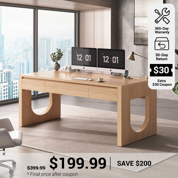 SEDETA® 55 Inch Modern Executive Desk with U-Shaped Legs Wood Computer Desk with Power Outlet Relief Texture Office Desk with 3 Drawers