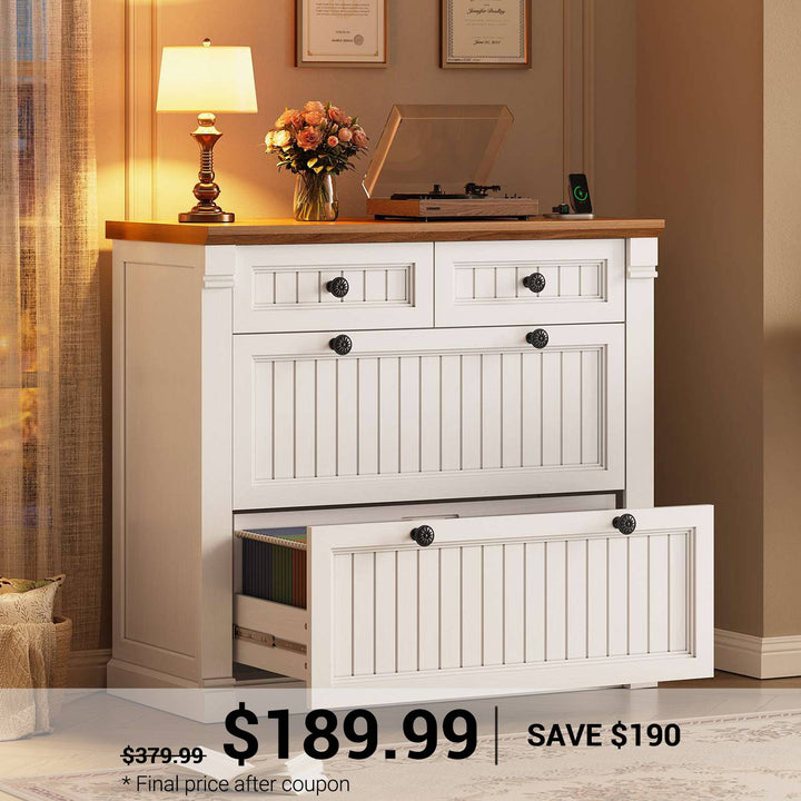 SEDETA | 33 Inch Wood Office File Cabinet with Power Outlets Printer Stand 4 Drawers Farmhouse Filing Cabinets for Home Office fit Legal/Letter/A4 File