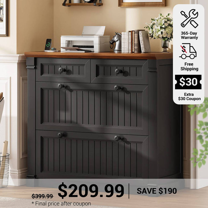 SEDETA 33 Inch 4 Drawers File Cabinet Farmhouse Filing Cabinets for Home Office fit Legal/Letter/A4 File Wood Office File Cabinet with Power Outlets Printer Stand with Storage