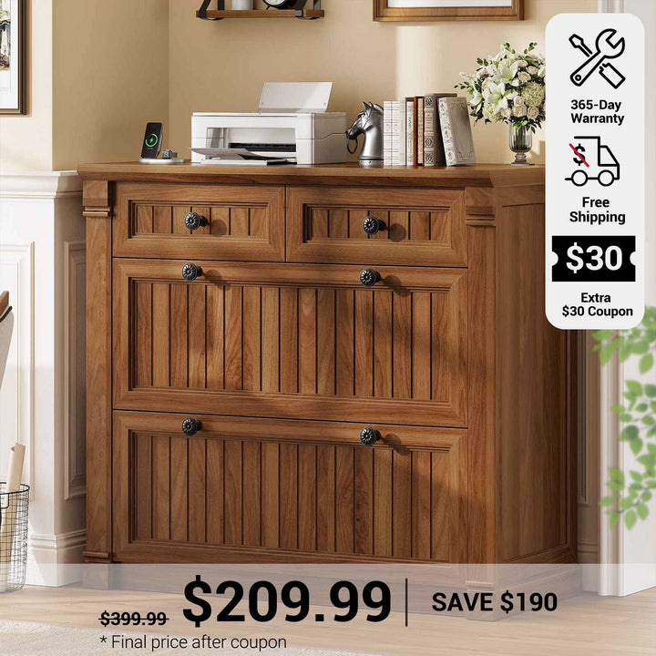 SEDETA 33 Inch 4 Drawers File Cabinet Farmhouse Filing Cabinets for Home Office fit Legal/Letter/A4 File Wood Office File Cabinet with Power Outlets Printer Stand with Storage