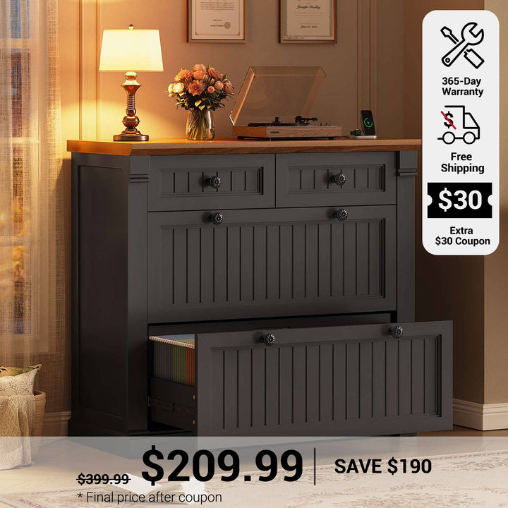 SEDETA 33 Inch 4 Drawers File Cabinet Farmhouse Filing Cabinets for Home Office fit Legal/Letter/A4 File Wood Office File Cabinet with Power Outlets Printer Stand with Storage