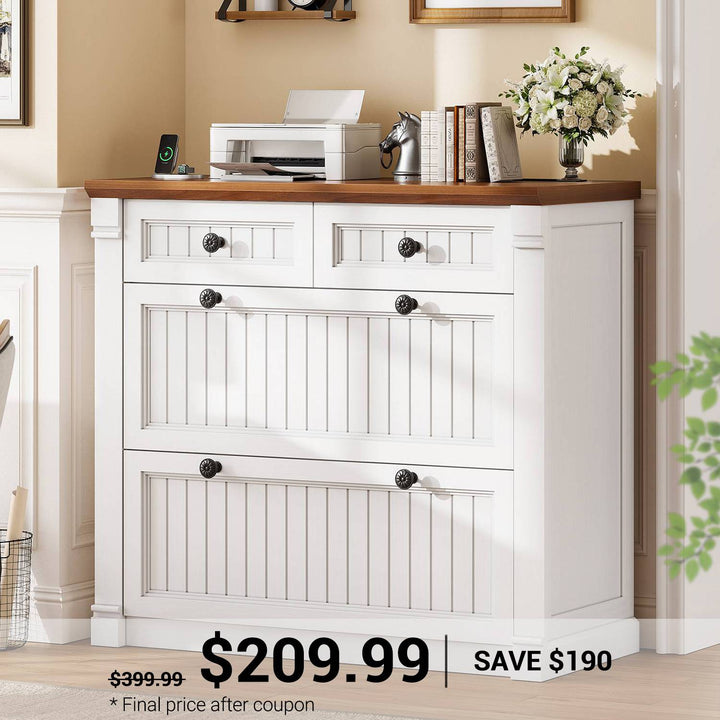 SEDETA 33 Inch 4 Drawers File Cabinet Farmhouse Filing Cabinets for Home Office fit Legal/Letter/A4 File Wood Office File Cabinet with Power Outlets Printer Stand with Storage