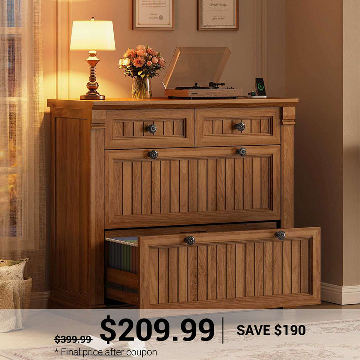 SEDETA 33 Inch 4 Drawers File Cabinet Farmhouse Filing Cabinets for Home Office fit Legal/Letter/A4 File Wood Office File Cabinet with Power Outlets Printer Stand with Storage