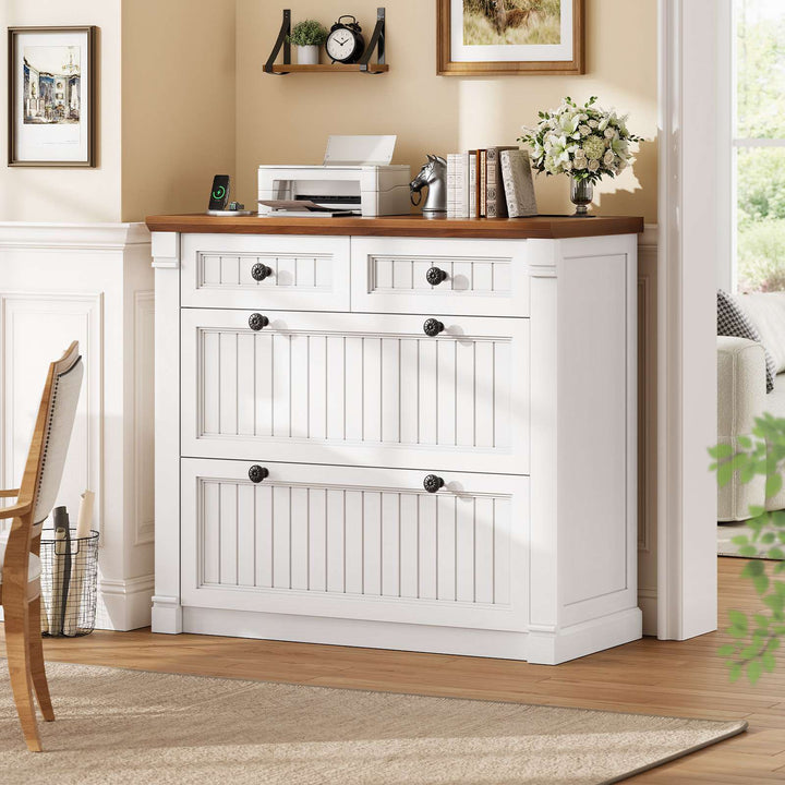 SEDETA | 33 Inch Wood Office File Cabinet with Power Outlets Printer Stand 4 Drawers Farmhouse Filing Cabinets for Home Office fit Legal/Letter/A4 File