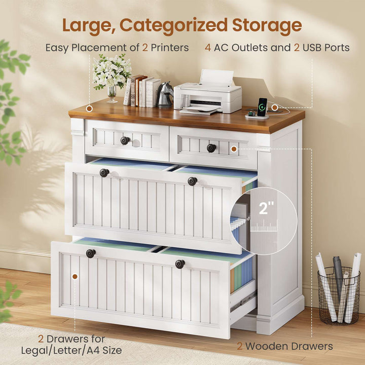 SEDETA | 33 Inch Wood Office File Cabinet with Power Outlets Printer Stand 4 Drawers Farmhouse Filing Cabinets for Home Office fit Legal/Letter/A4 File