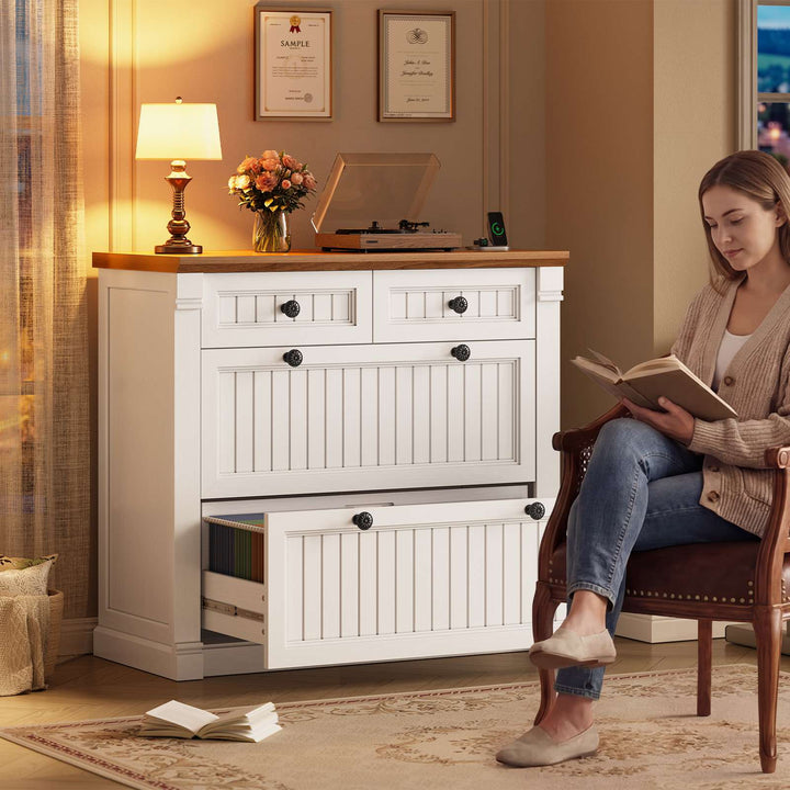 SEDETA | 33 Inch Wood Office File Cabinet with Power Outlets Printer Stand 4 Drawers Farmhouse Filing Cabinets for Home Office fit Legal/Letter/A4 File