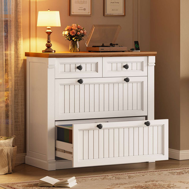 SEDETA | 33 Inch Wood Office File Cabinet with Power Outlets Printer Stand 4 Drawers Farmhouse Filing Cabinets for Home Office fit Legal/Letter/A4 File