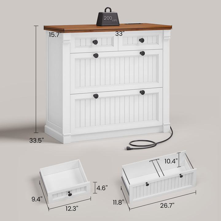SEDETA | 33 Inch Wood Office File Cabinet with Power Outlets Printer Stand 4 Drawers Farmhouse Filing Cabinets for Home Office fit Legal/Letter/A4 File