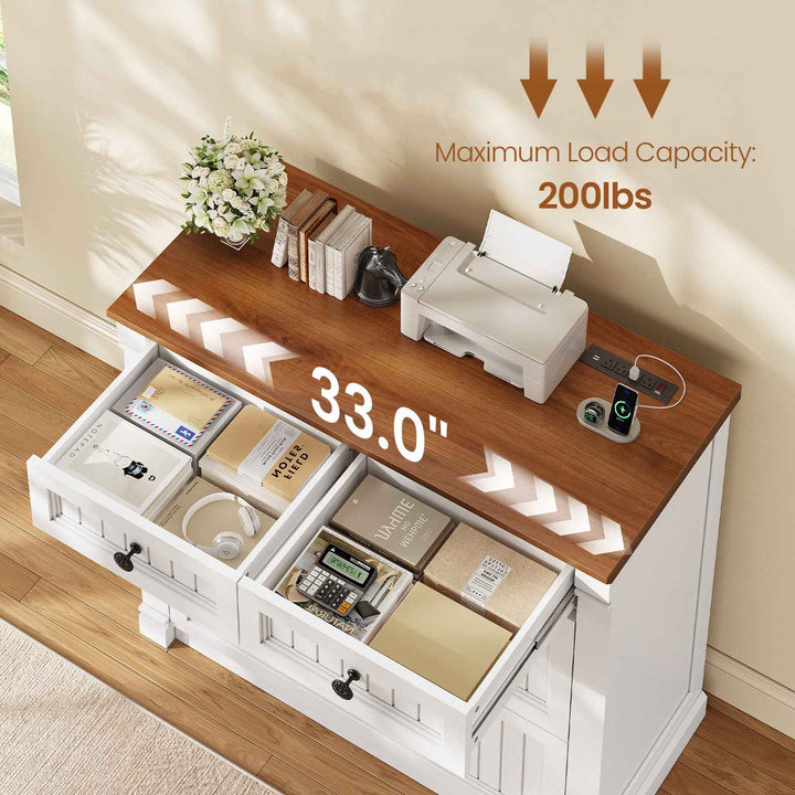 SEDETA | 33 Inch Wood Office File Cabinet with Power Outlets Printer Stand 4 Drawers Farmhouse Filing Cabinets for Home Office fit Legal/Letter/A4 File