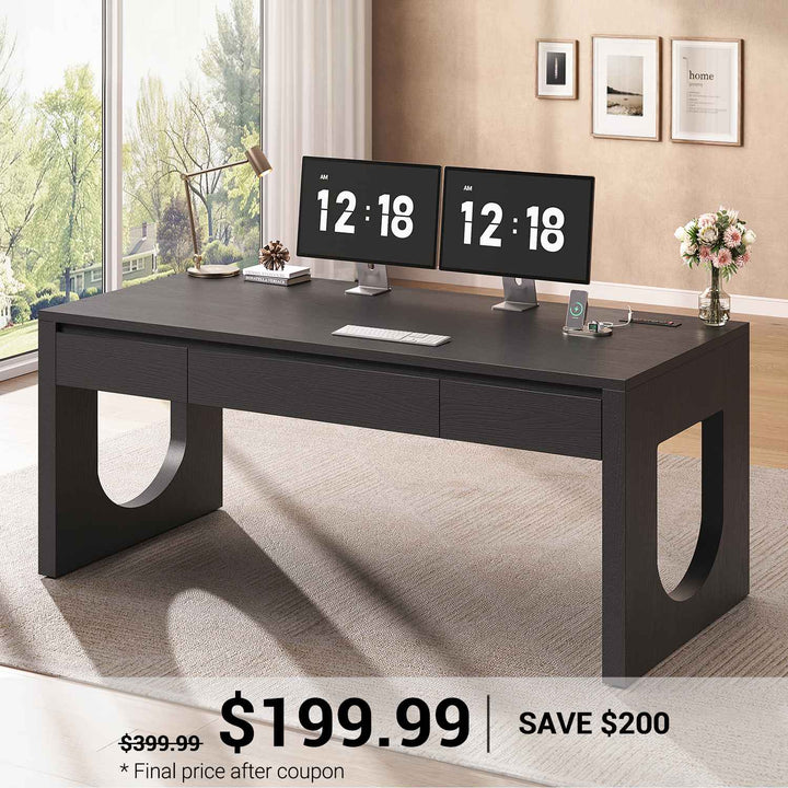 SEDETA® 55 Inch Modern Executive Desk with U-Shaped Legs Wood Computer Desk with Power Outlet Relief Texture Office Desk with 3 Drawers