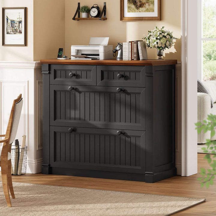 SEDETA | 33 Inch Wood Office File Cabinet with Power Outlets Printer Stand 4 Drawers Farmhouse Filing Cabinets for Home Office fit Legal/Letter/A4 File