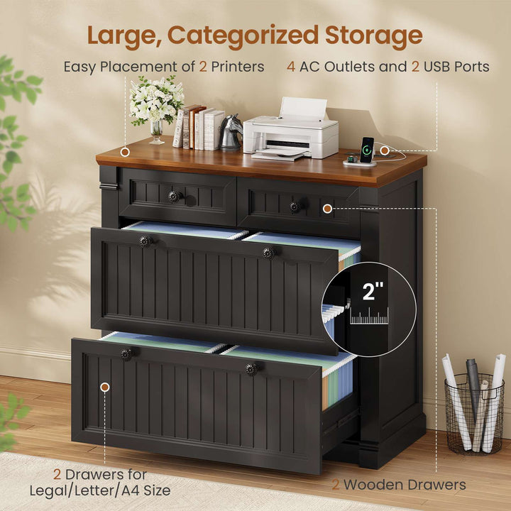 SEDETA | 33 Inch Wood Office File Cabinet with Power Outlets Printer Stand 4 Drawers Farmhouse Filing Cabinets for Home Office fit Legal/Letter/A4 File