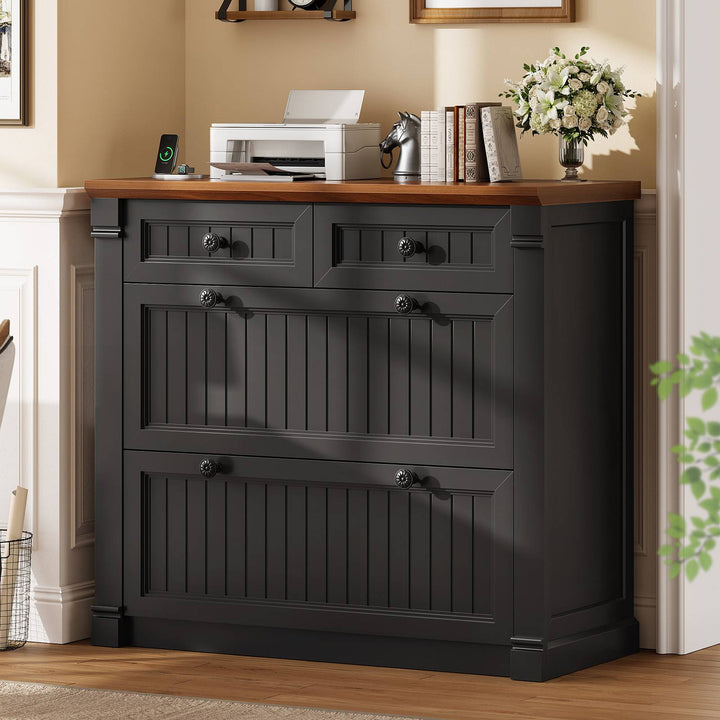 SEDETA | 33 Inch Wood Office File Cabinet with Power Outlets Printer Stand 4 Drawers Farmhouse Filing Cabinets for Home Office fit Legal/Letter/A4 File