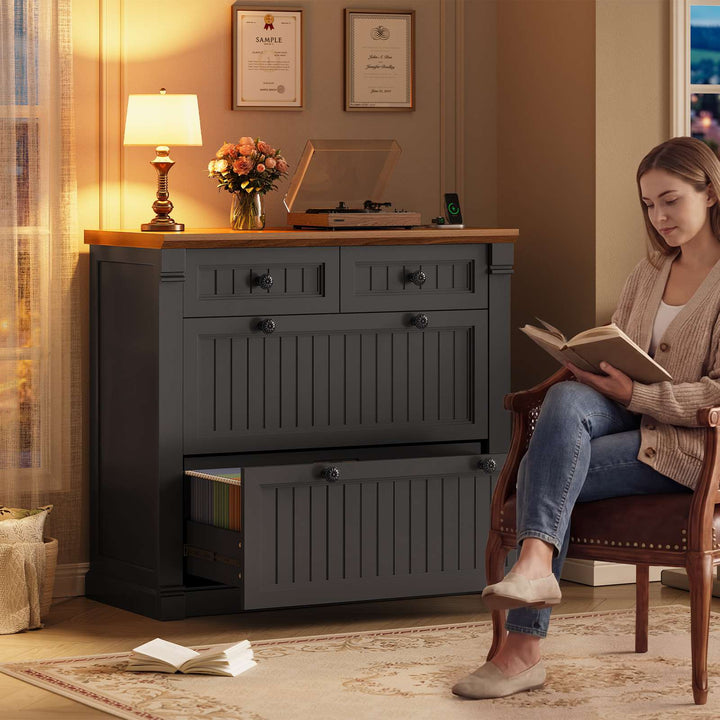 SEDETA | 33 Inch Wood Office File Cabinet with Power Outlets Printer Stand 4 Drawers Farmhouse Filing Cabinets for Home Office fit Legal/Letter/A4 File