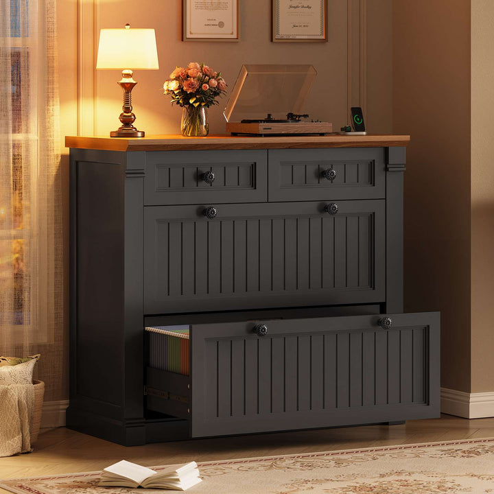 SEDETA | 33 Inch Wood Office File Cabinet with Power Outlets Printer Stand 4 Drawers Farmhouse Filing Cabinets for Home Office fit Legal/Letter/A4 File