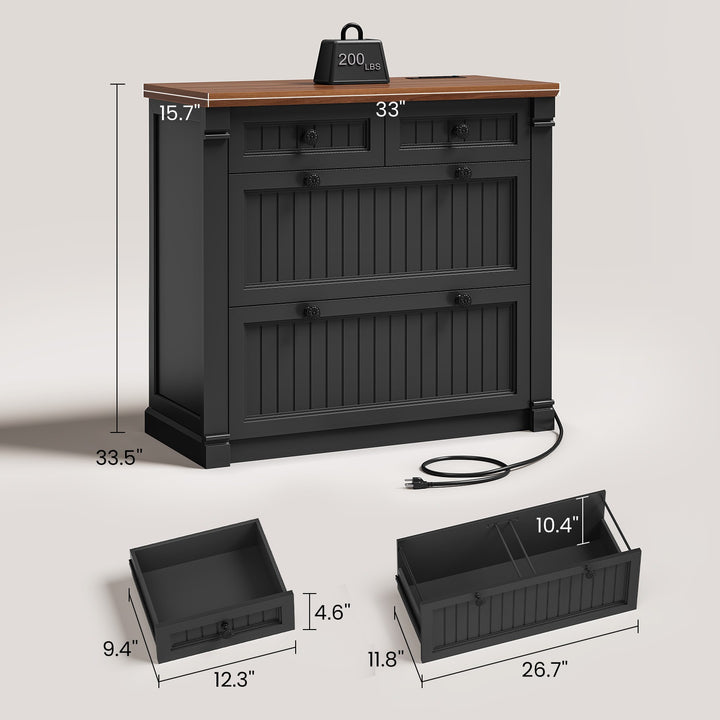 SEDETA | 33 Inch Wood Office File Cabinet with Power Outlets Printer Stand 4 Drawers Farmhouse Filing Cabinets for Home Office fit Legal/Letter/A4 File