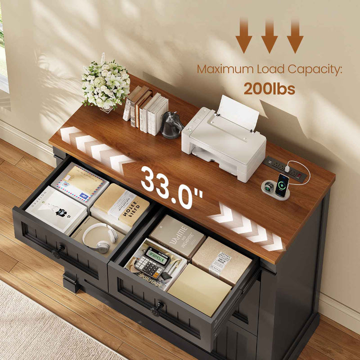 SEDETA | 33 Inch Wood Office File Cabinet with Power Outlets Printer Stand 4 Drawers Farmhouse Filing Cabinets for Home Office fit Legal/Letter/A4 File