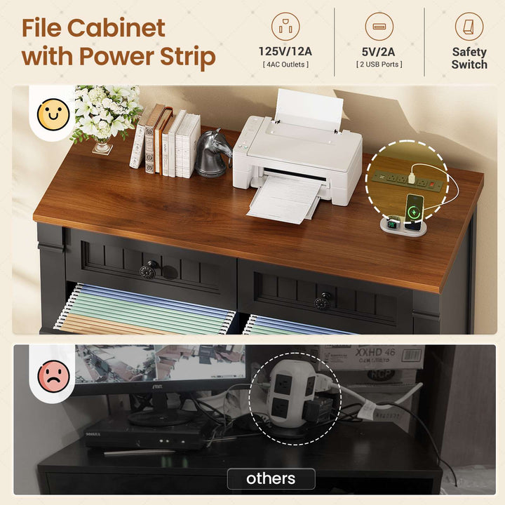 SEDETA | 33 Inch Wood Office File Cabinet with Power Outlets Printer Stand 4 Drawers Farmhouse Filing Cabinets for Home Office fit Legal/Letter/A4 File