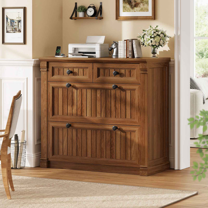 SEDETA | 33 Inch Wood Office File Cabinet with Power Outlets Printer Stand 4 Drawers Farmhouse Filing Cabinets for Home Office fit Legal/Letter/A4 File