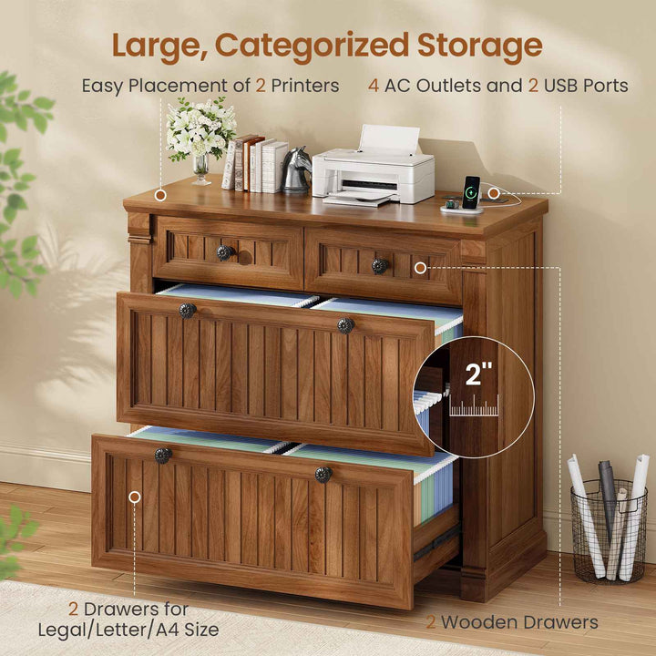 SEDETA | 33 Inch Wood Office File Cabinet with Power Outlets Printer Stand 4 Drawers Farmhouse Filing Cabinets for Home Office fit Legal/Letter/A4 File