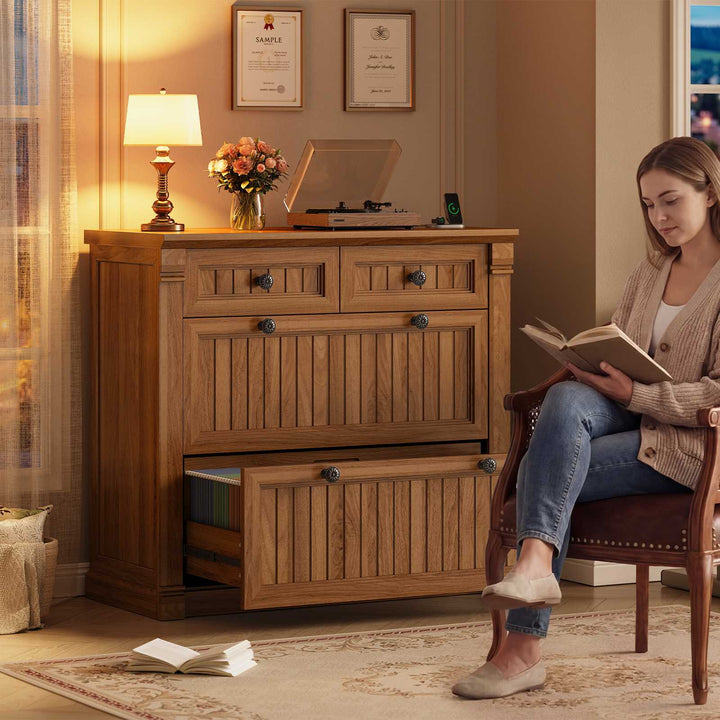 SEDETA | 33 Inch Wood Office File Cabinet with Power Outlets Printer Stand 4 Drawers Farmhouse Filing Cabinets for Home Office fit Legal/Letter/A4 File