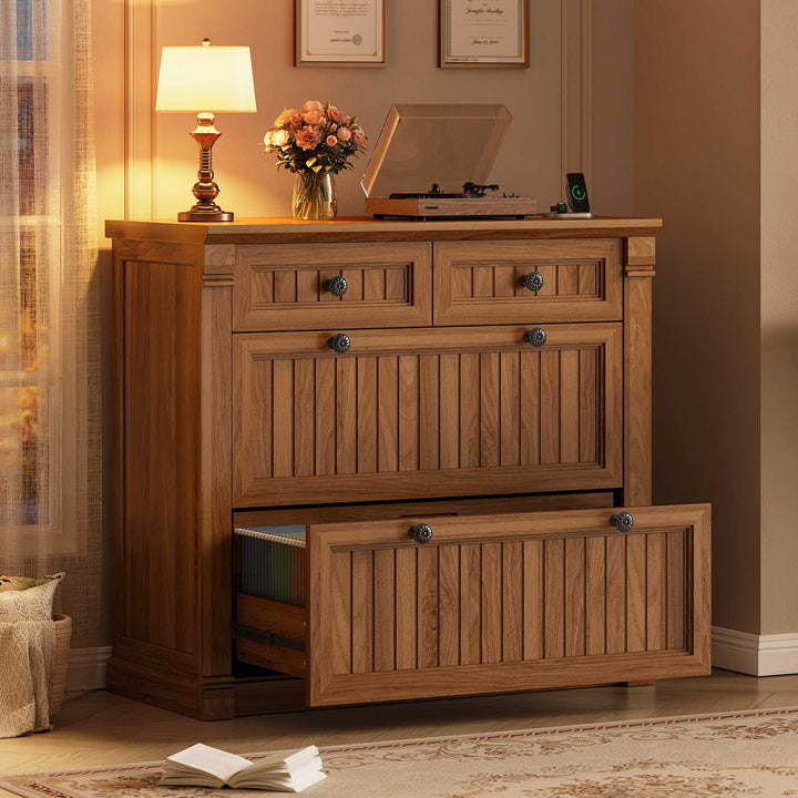 SEDETA | 33 Inch Wood Office File Cabinet with Power Outlets Printer Stand 4 Drawers Farmhouse Filing Cabinets for Home Office fit Legal/Letter/A4 File