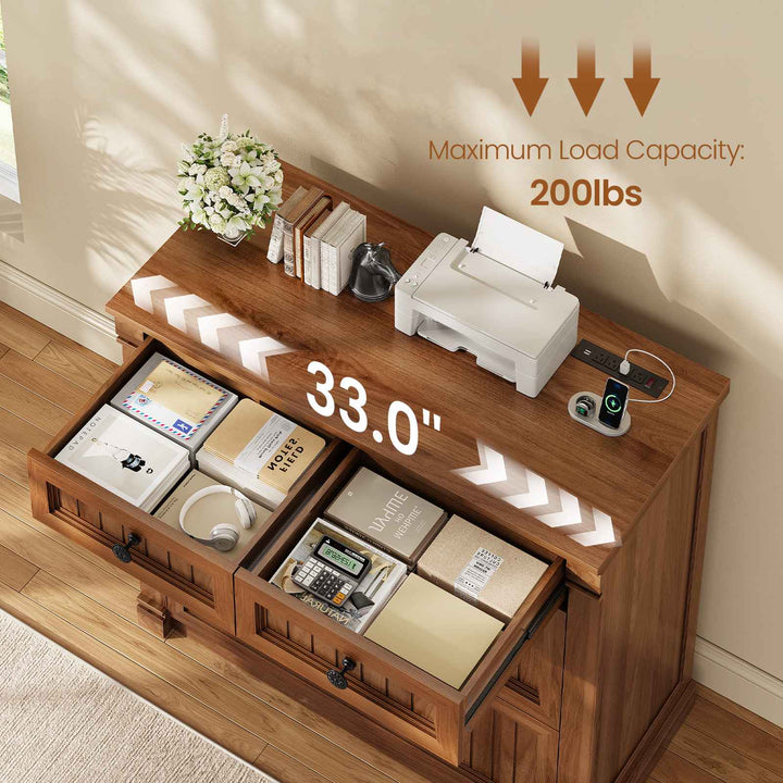 SEDETA | 33 Inch Wood Office File Cabinet with Power Outlets Printer Stand 4 Drawers Farmhouse Filing Cabinets for Home Office fit Legal/Letter/A4 File