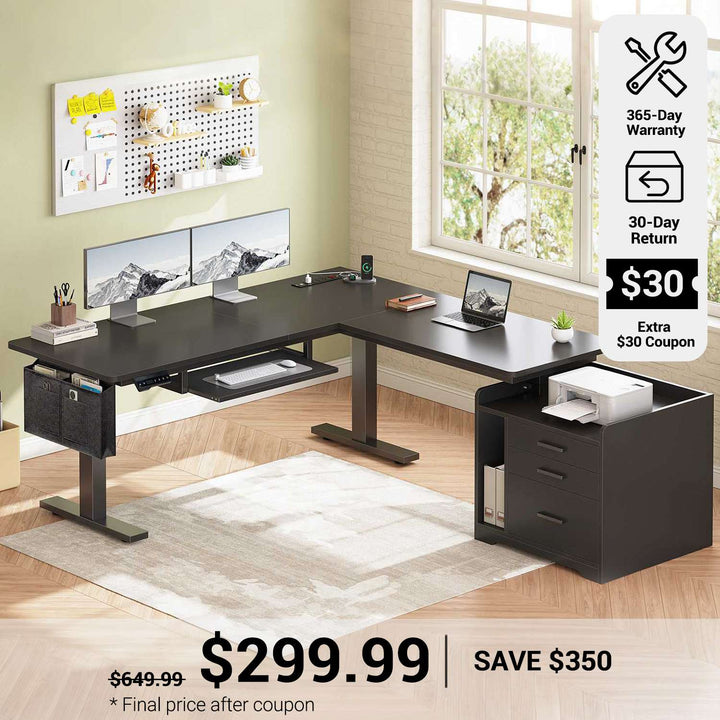 SEDETA® 63 Inch L Shaped Electric Standing Desk Height Adjustable Computer Gaming Desk with Led Lights Power Outlet 3 Drawers File Cabinet