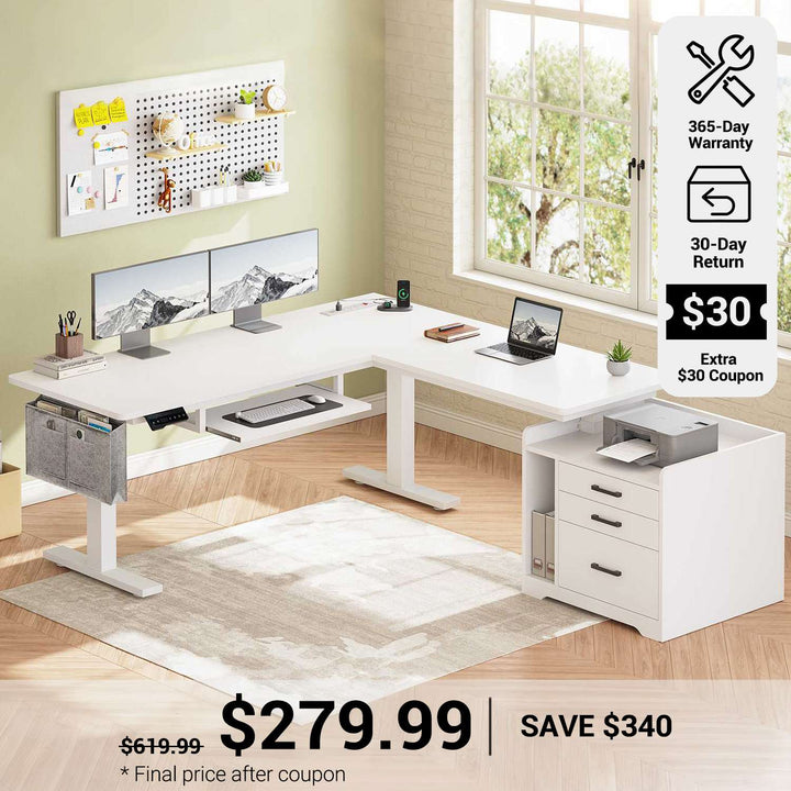 SEDETA® 63 Inch L Shaped Electric Standing Desk Height Adjustable Computer Gaming Desk with Led Lights Power Outlet 3 Drawers File Cabinet