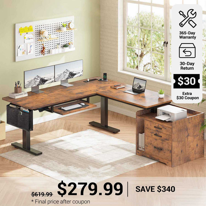 SEDETA® 63 Inch L Shaped Electric Standing Desk Height Adjustable Computer Gaming Desk with Led Lights Power Outlet 3 Drawers File Cabinet