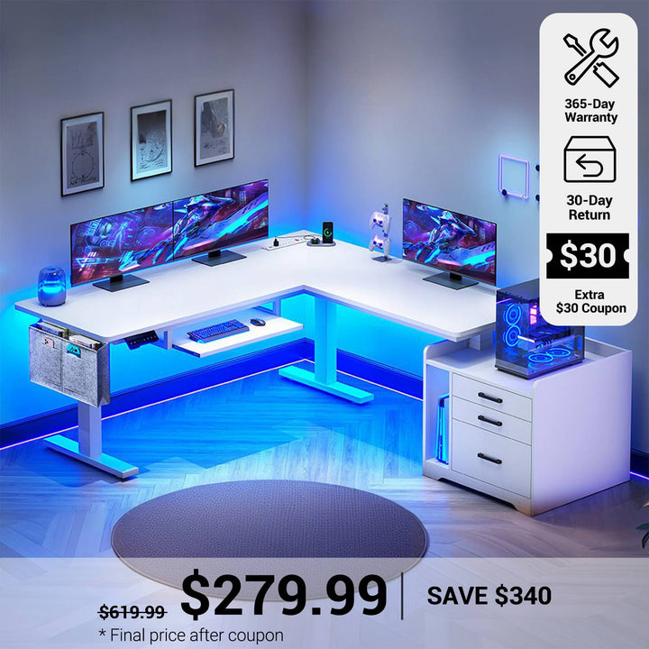 SEDETA® 63 Inch L Shaped Electric Standing Desk Height Adjustable Computer Gaming Desk with Led Lights Power Outlet 3 Drawers File Cabinet