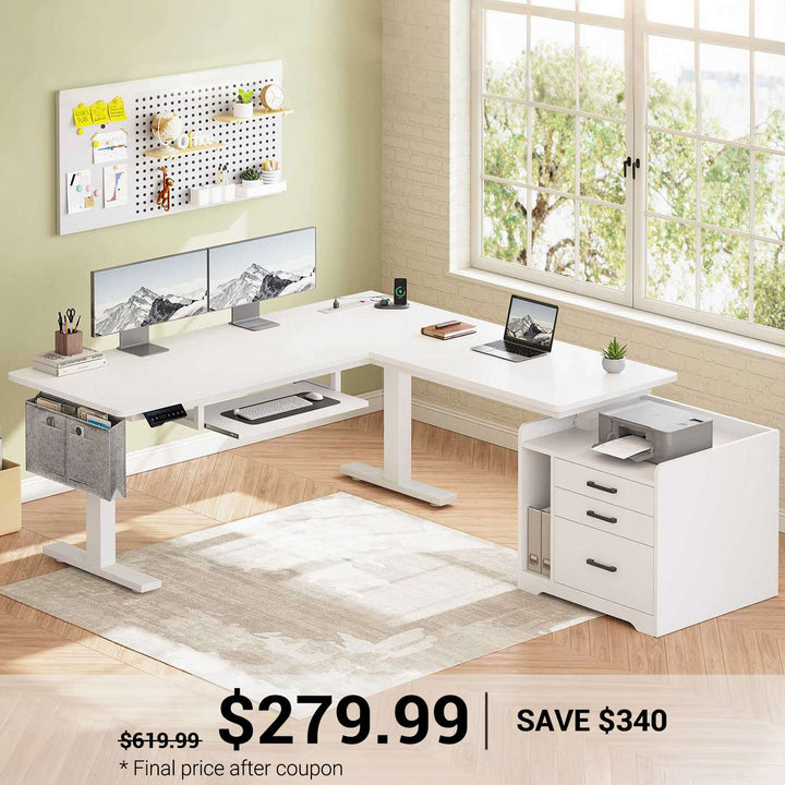 SEDETA® 63 Inch L Shaped Electric Standing Desk Height Adjustable Computer Gaming Desk with Led Lights Power Outlet 3 Drawers File Cabinet