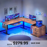 SEDETA | 63 Inch L Shaped Height Adjustable Electric Standing Desk LED Gaming Computer Desk with Power Outlet 3 Drawers File Cabinet
