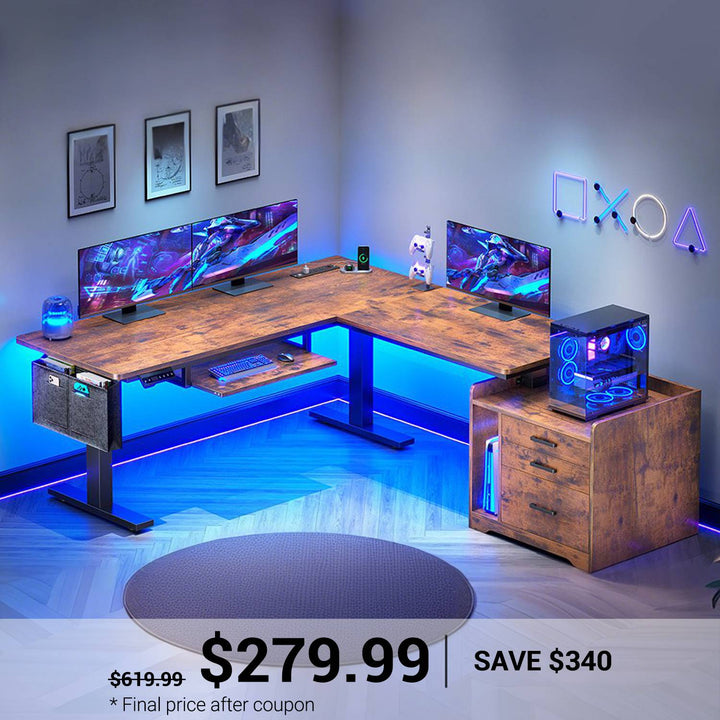 SEDETA® 63 Inch L Shaped Electric Standing Desk Height Adjustable Computer Gaming Desk with Led Lights Power Outlet 3 Drawers File Cabinet