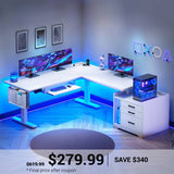 SEDETA | 63 Inch L Shaped Height Adjustable Electric Standing Desk LED Gaming Computer Desk with Power Outlet 3 Drawers File Cabinet