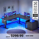 SEDETA® 63 Inch L Shaped Electric Standing Desk Height Adjustable Computer Gaming Desk with Led Lights Power Outlet 3 Drawers File Cabinet
