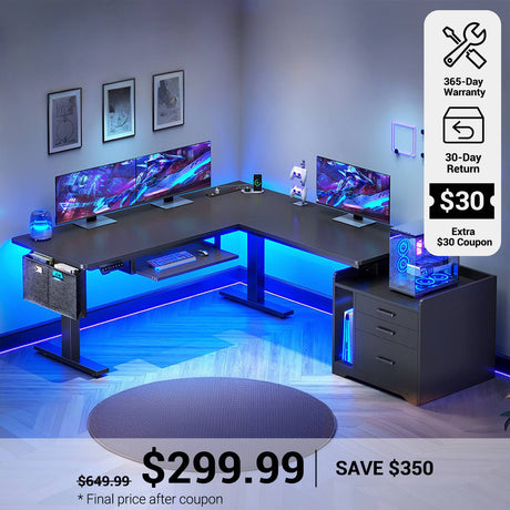 SEDETA® 63 Inch L Shaped Electric Standing Desk Height Adjustable Computer Gaming Desk with Led Lights Power Outlet 3 Drawers File Cabinet